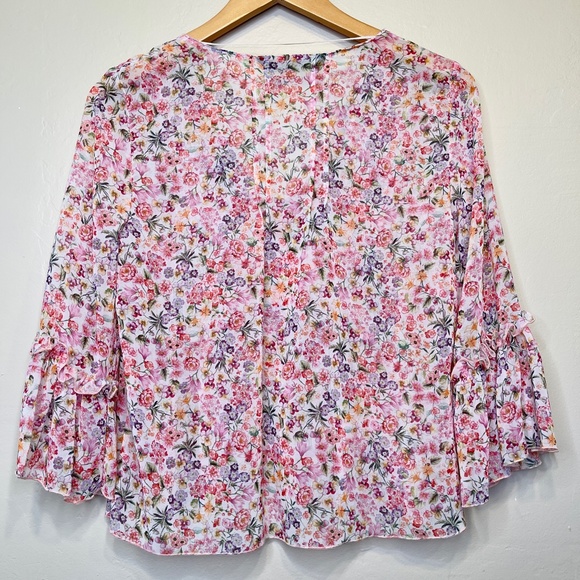 Zara | Chiffon Micro Ditsy Floral Peplum Bell Sleeve Lightweight Summer Blouse - Picture 4 of 15